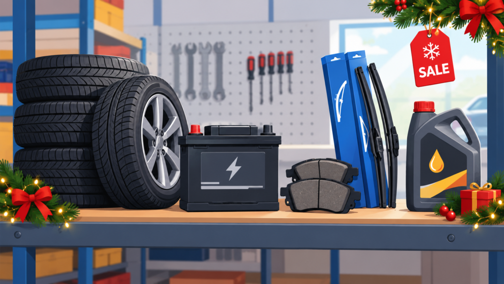 Car tyres, battery, brake pads and engine oil displayed with a sale tag