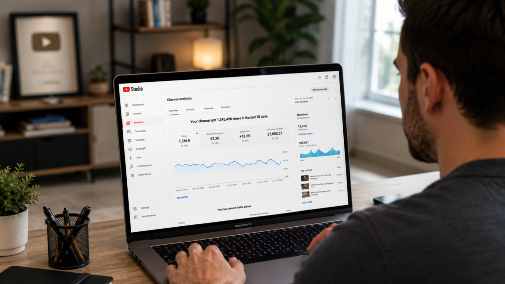 Buy YouTube views strategy illustration showing YouTube analytics growth, high-retention views, and faster channel visibility