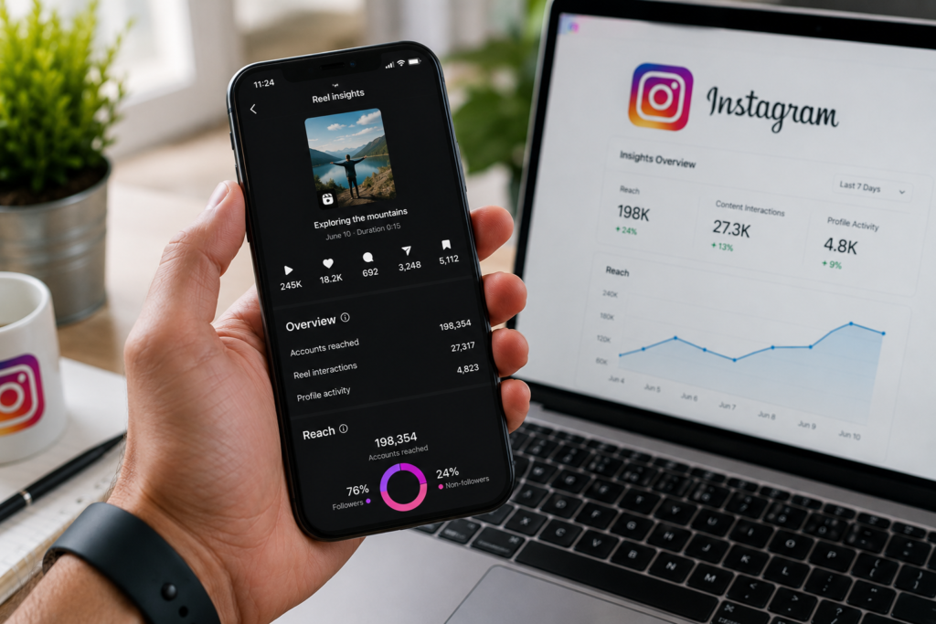 Person viewing Instagram Reel analytics and engagement metrics on a smartphone in a modern workspace environment.