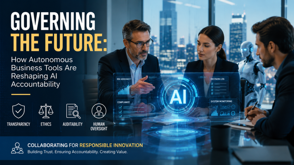 Autonomous business tools visualizing AI governance, accountability, transparency, and ethical business automation in a futuristic workplace.