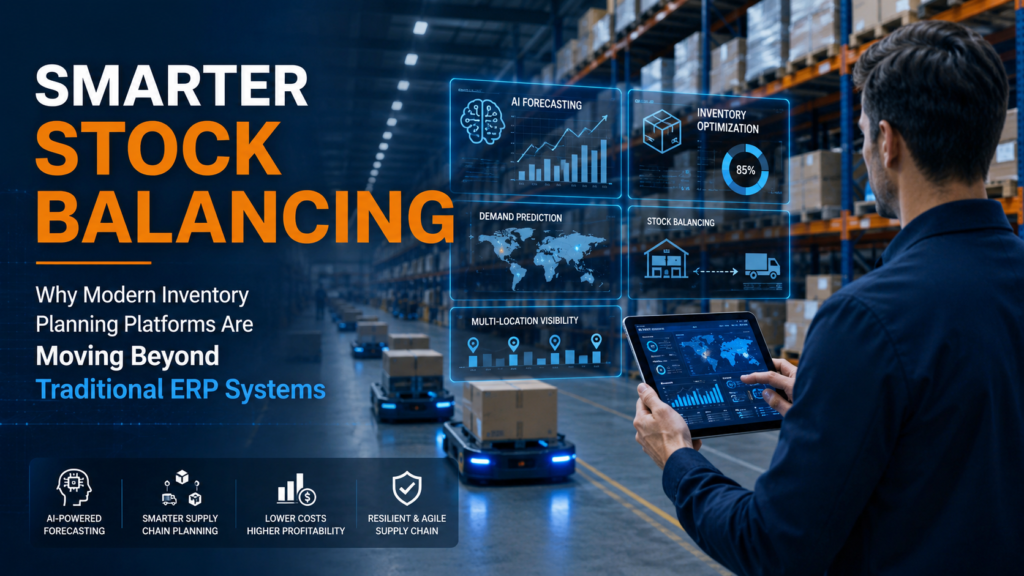 Modern warehouse using AI-powered inventory planning software for smarter stock balancing across multiple fulfillment centers.