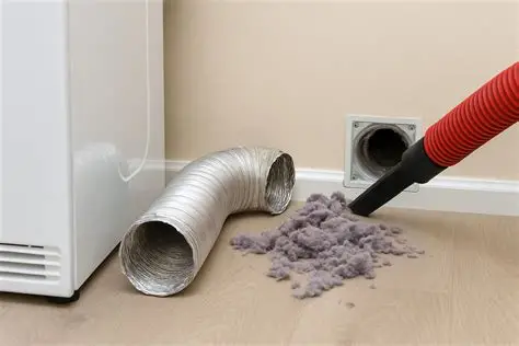 Professional dryer vent cleaning technician removing lint buildup from a residential dryer vent system to improve airflow and home safety.