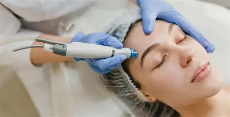 Patient receiving professional microneedling treatment for skin rejuvenation and acne scar improvement on the face.
