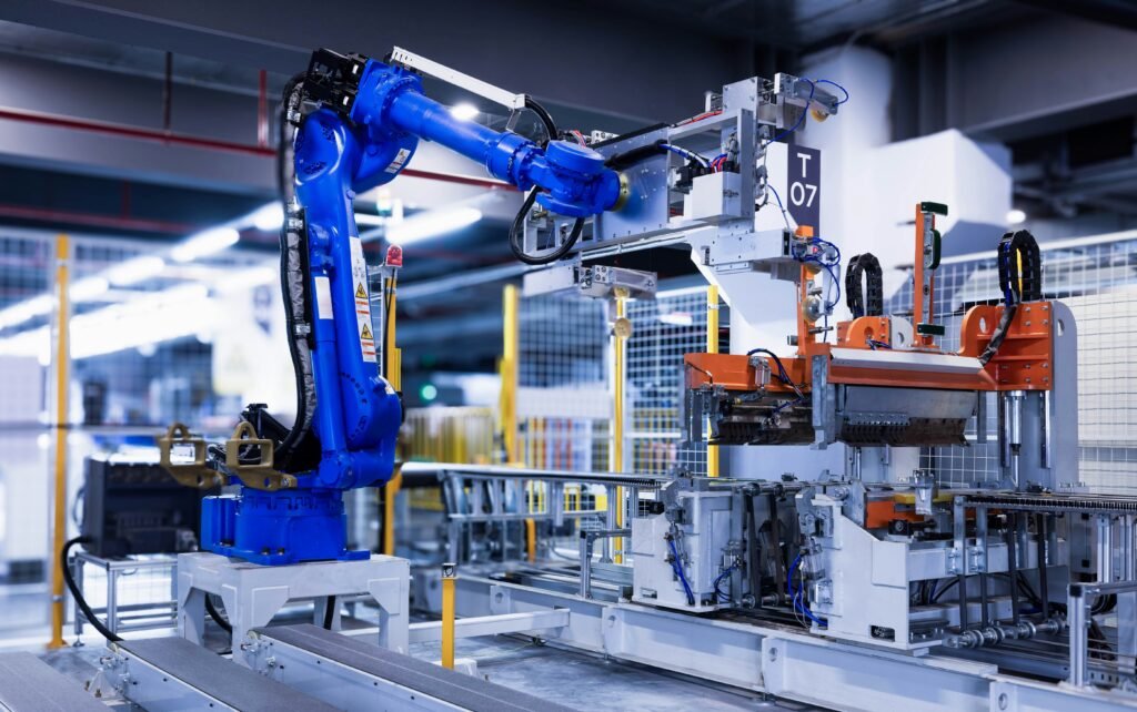 Smart factory robotics system using advanced DC gear motors for industrial automation, conveyor control, and precision manufacturing.