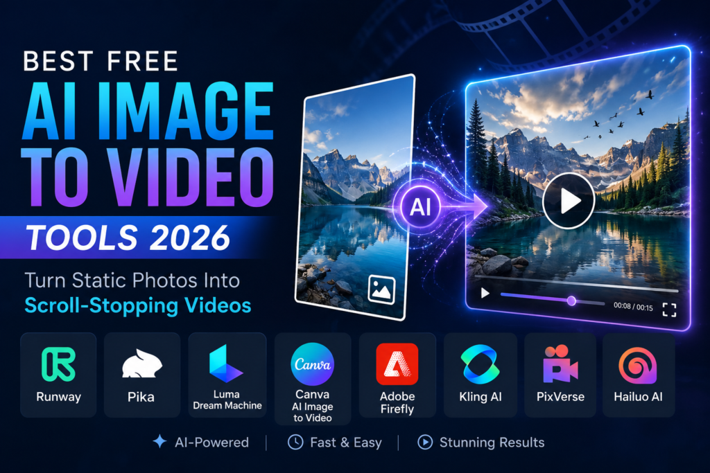 AI-powered image-to-video creation dashboard showing animated photos, video generation tools, and social media content workflows.