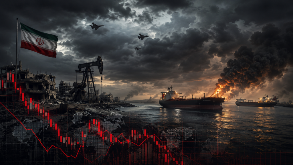 US Iran war market impact 2026 showing oil price volatility, stock market declines, and Strait of Hormuz supply risk amid escalating tensions.