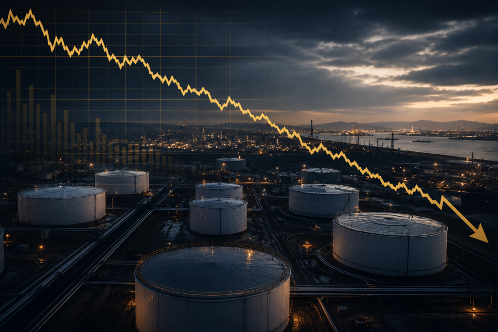 Professional business illustration showing large oil storage tanks and a downward trend graph symbolizing the decline of the U.S. Strategic Petroleum Reserve to its lowest level since the Reagan era.