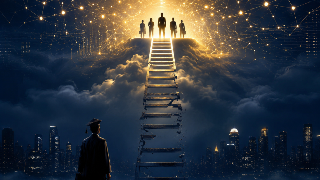Corporate ladder with missing lower rungs leading into an AI-powered sky, senior professionals at the top and a young graduate below unable to reach.