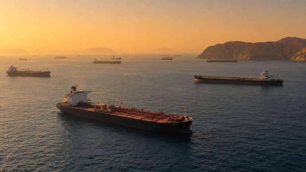 Oil tankers navigating near the Strait of Hormuz as shipping traffic remains disrupted following renewed closure announcements.