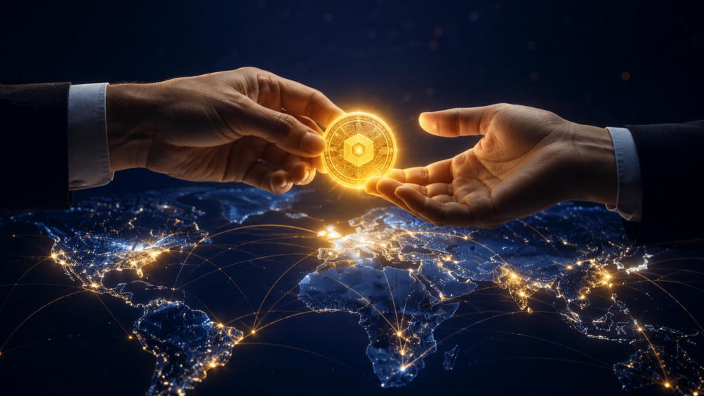 Digital financial network connecting global markets with secure cross-border payments, digital currencies, and international money transfers.