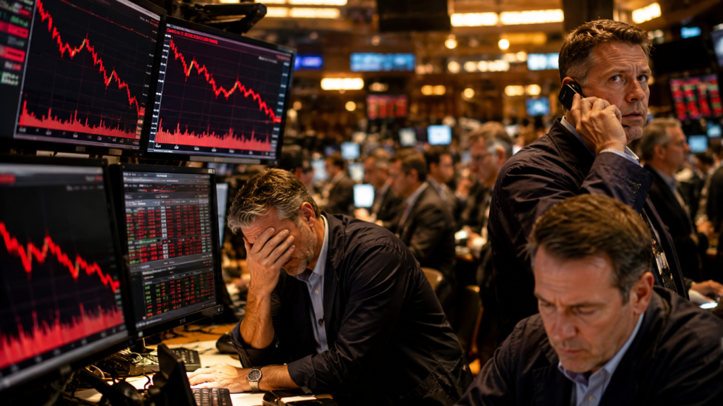 Wall Street AI sell-off stock market decline with falling semiconductor stocks, red market charts, and South Korea market losses.