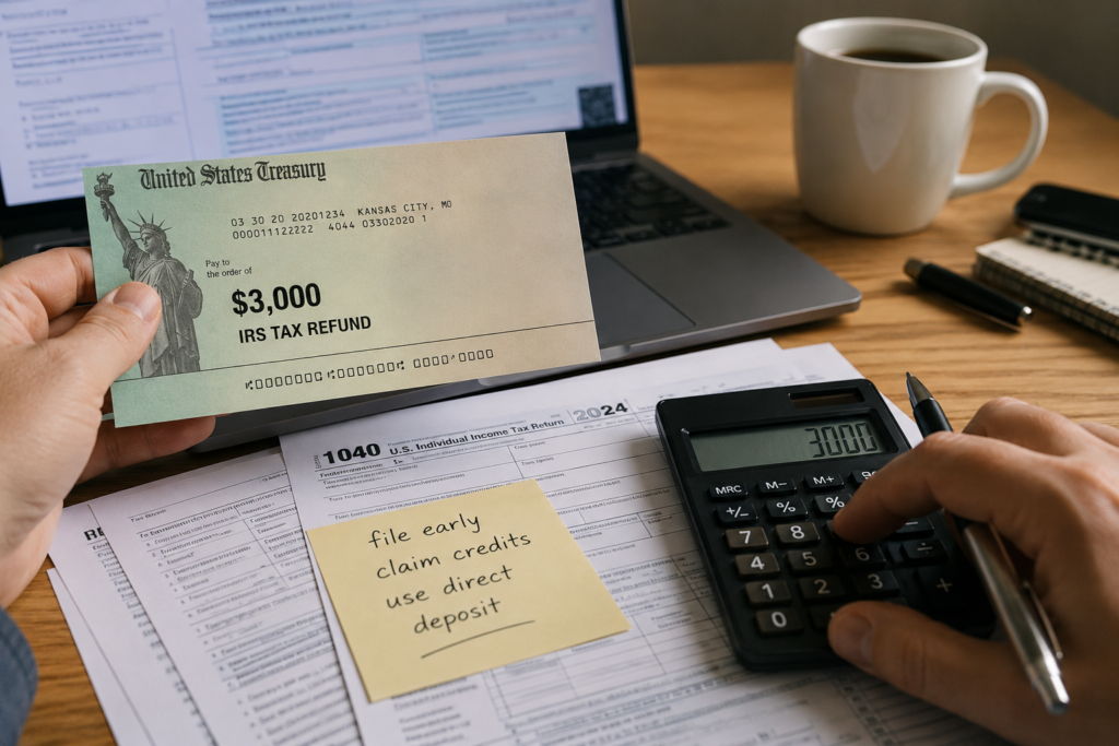 Taxpayer reviewing IRS tax refund documents with a calculator, tax forms, and laptop, illustrating the $3000 IRS tax refund schedule and eligibility for 2025.