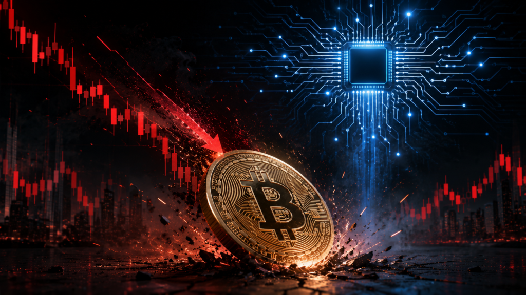 Bitcoin coin declining as AI technology investment rises, symbolizing capital shifting from cryptocurrency to artificial intelligence.