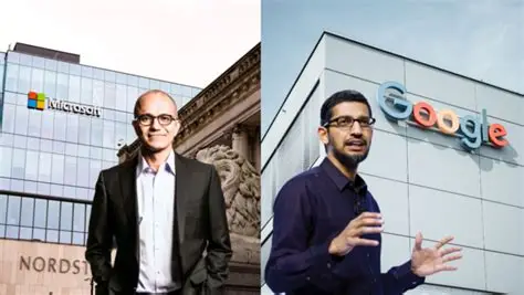 Sundar Pichai and Satya Nadella discussing AI, cloud computing, and technology innovation at a global leadership event.
