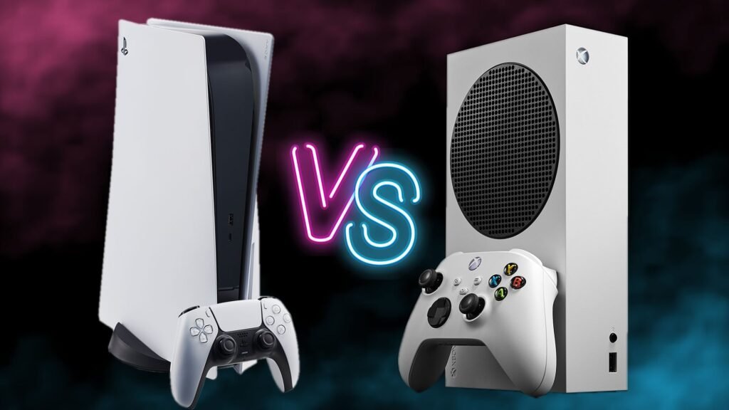 Xbox Series X and PlayStation 5 consoles side by side with gaming controllers and next-generation gaming visuals