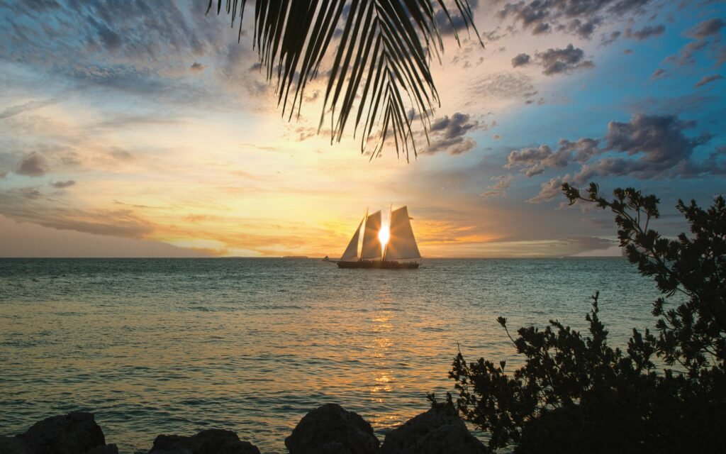 A scenic view of Key West featuring turquoise waters, colorful historic buildings, palm-lined streets, and visitors enjoying outdoor island attractions.