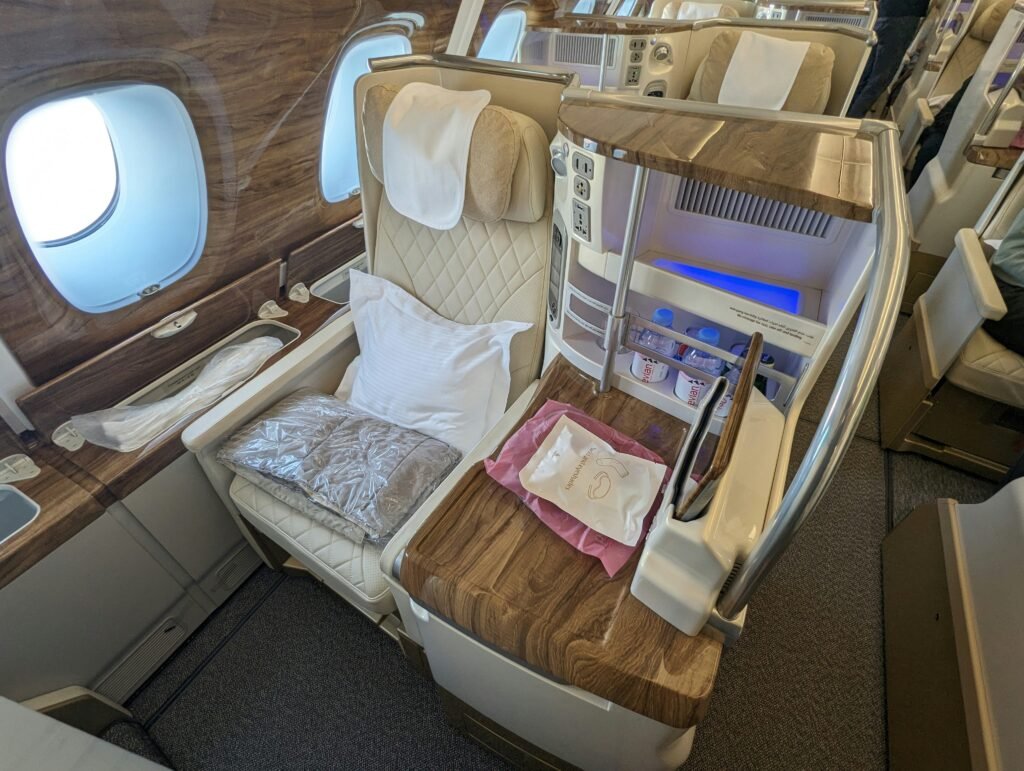 United Polaris Business Class cabin featuring lie-flat seats, premium bedding, and a luxury international travel experience.