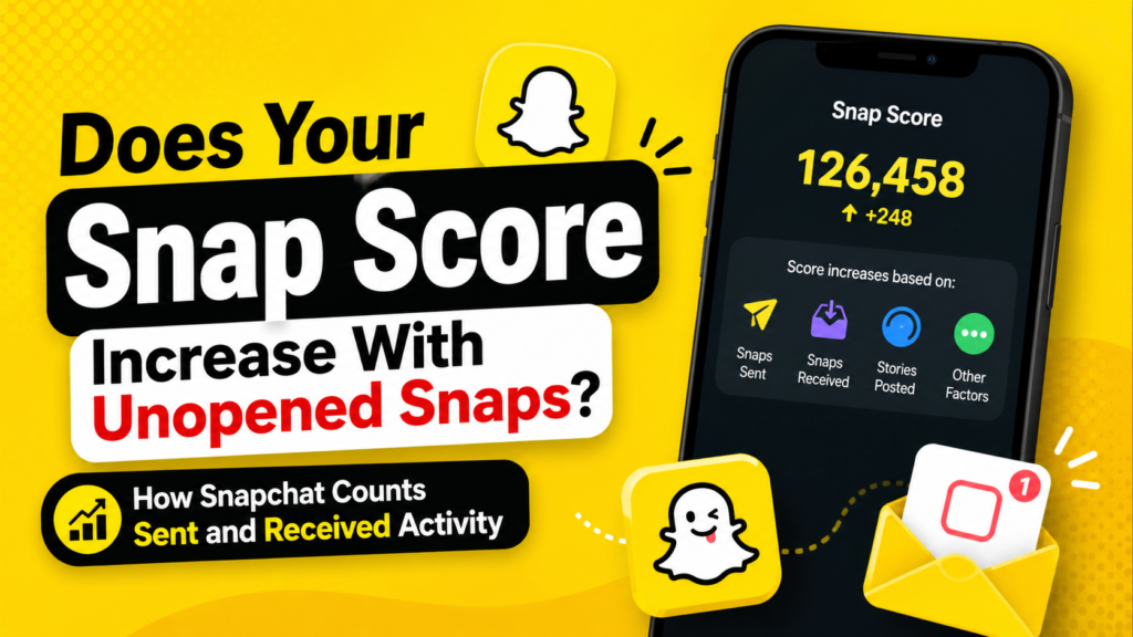 A modern Snapchat-themed illustration showing a smartphone with an increasing Snap Score, unopened Snap notification icons, sent and received activity symbols, and subtle Story indicators. The composition should clearly communicate that account activity can raise a Snap Score even while a specific Snap remains unopened.