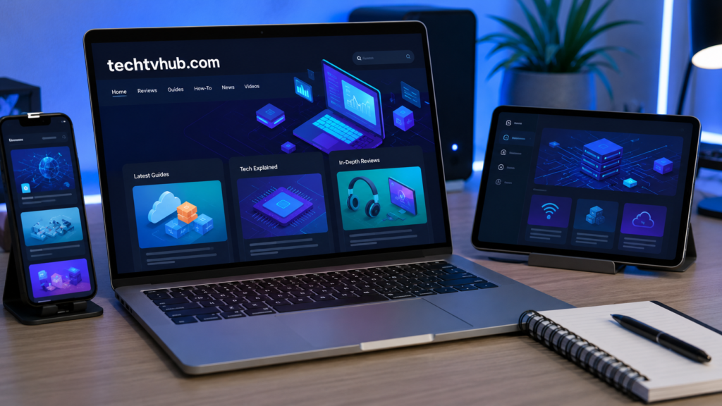 TechTVHub.com technology explainer website displayed on a modern laptop with tech-themed interface