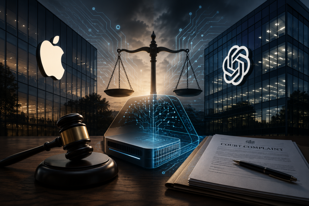 Concept illustration of the Apple and OpenAI trade secret lawsuit involving AI hardware development and intellectual property dispute