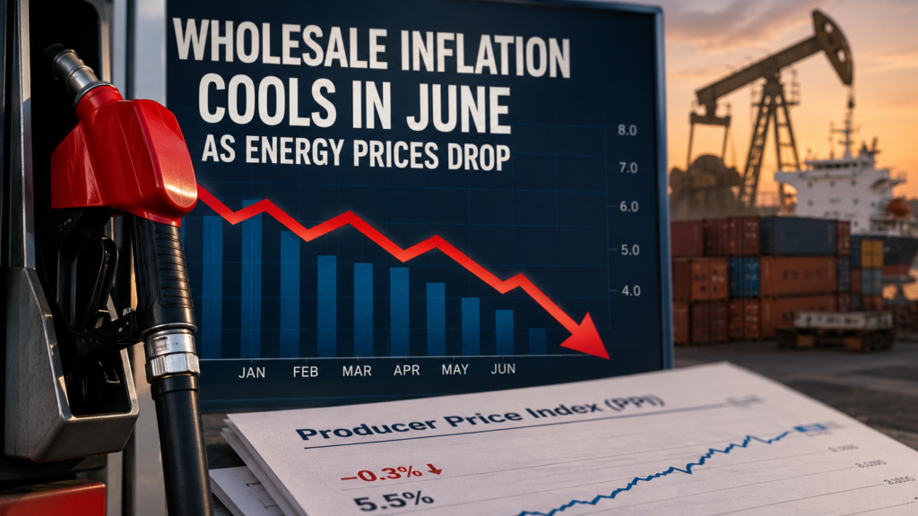 Wholesale inflation declines in June as lower energy prices reduce producer costs despite emerging inflation risks from oil and AI demand.Wholesale inflation declines in June as lower energy prices reduce producer costs despite emerging inflation risks from oil and AI demand.