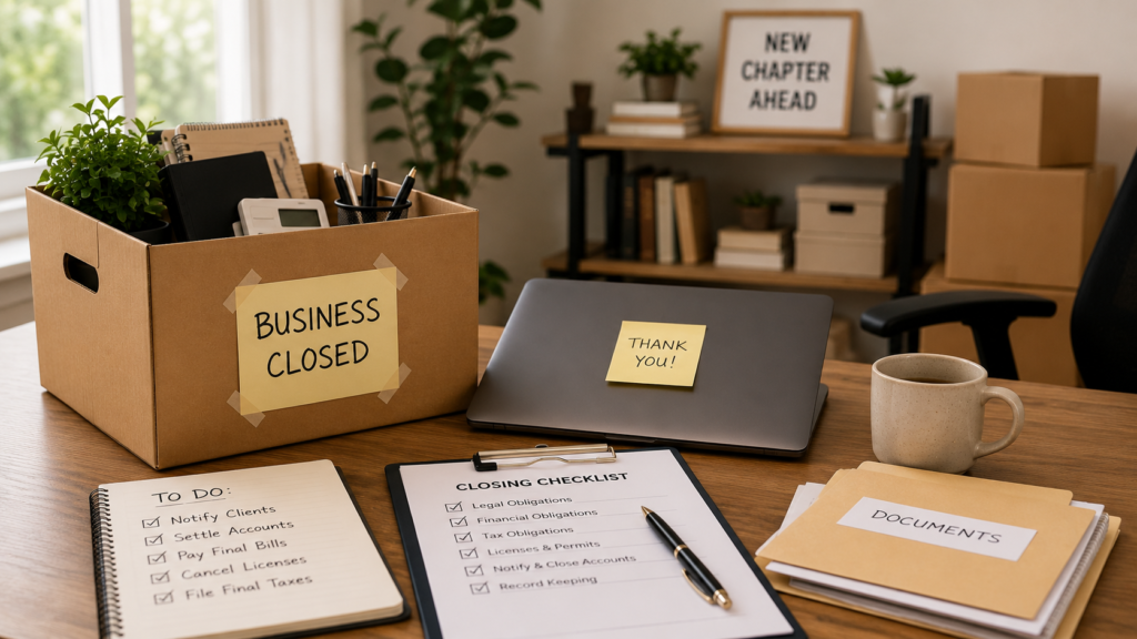 Home office workspace with packed boxes, business documents, and a closed laptop symbolizing the proper closure of a home-based business.