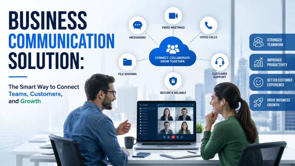 Business communication solution connecting remote teams through cloud-based messaging, video meetings, voice calls, and collaboration tools.