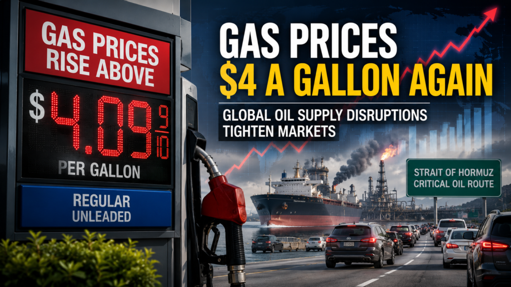 Gas station displaying prices above $4 per gallon as oil supply disruptions drive higher fuel costs across the United States.