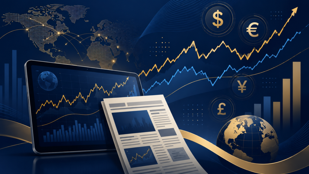 Laptop displaying FintechZoom.com with stock market charts, financial news, business analytics, and global economic data on screen.