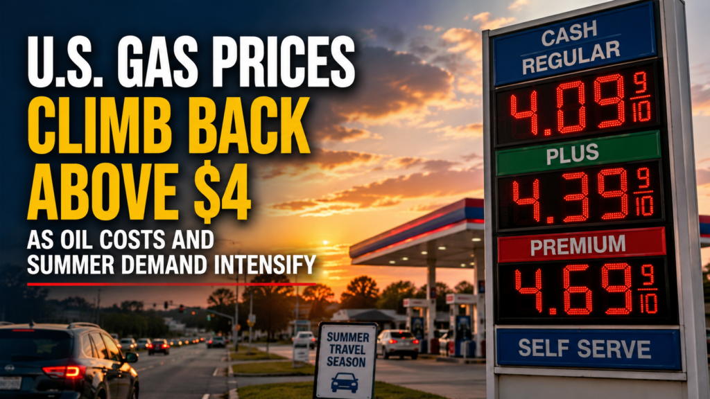 U.S. gas station displaying prices above $4 a gallon