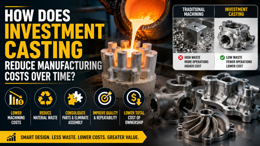Molten metal being poured into an investment casting mold beside precision-finished industrial components, highlighting lower waste and production costs.