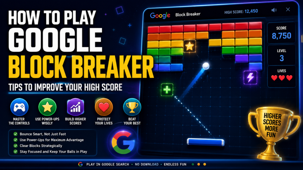 A colorful browser arcade scene showing a paddle bouncing a ball toward rows of blocks, with multiball and power-up effects emphasizing high-score gameplay.