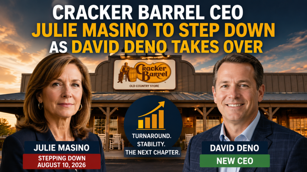 Cracker Barrel CEO Julie Masino stepping down as David Deno takes over Cracker Barrel’s investor site confirms that Deno takes over on August 10, 2026, while Masino remains an adviser through October 9.