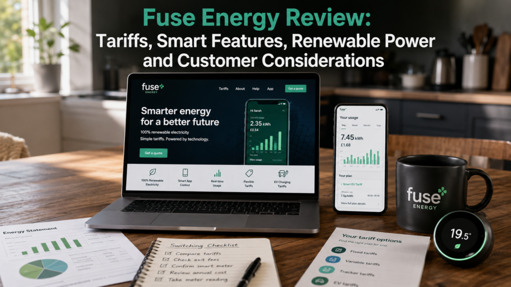 A realistic UK home-energy scene showing a homeowner reviewing Fuse Energy tariffs and smart-meter data on a laptop, with an EV charging outside and renewable-energy elements in the background.