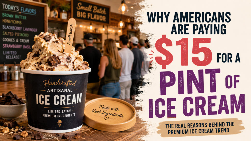 A premium small-batch ice cream pint displayed on a creamery counter, surrounded by handcrafted ingredients and subtle signs of rising costs, illustrating why Americans pay $15 for artisanal ice cream.