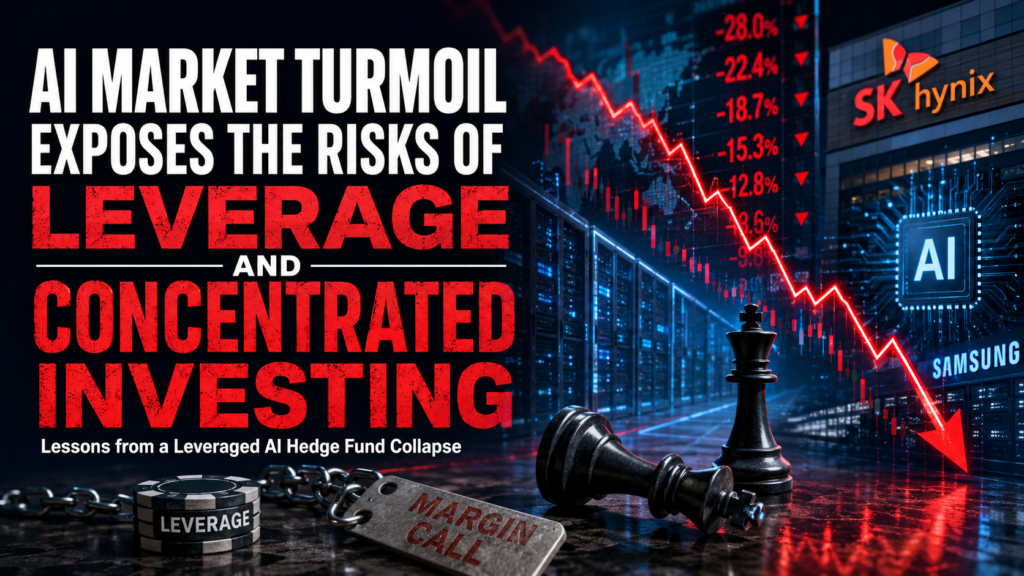 A dramatic financial-market scene showing falling AI and semiconductor stock charts, a stressed hedge-fund trading environment, margin-call pressure and concentrated technology holdings, with blue and red market graphics symbolizing volatility across US and South Korean markets.