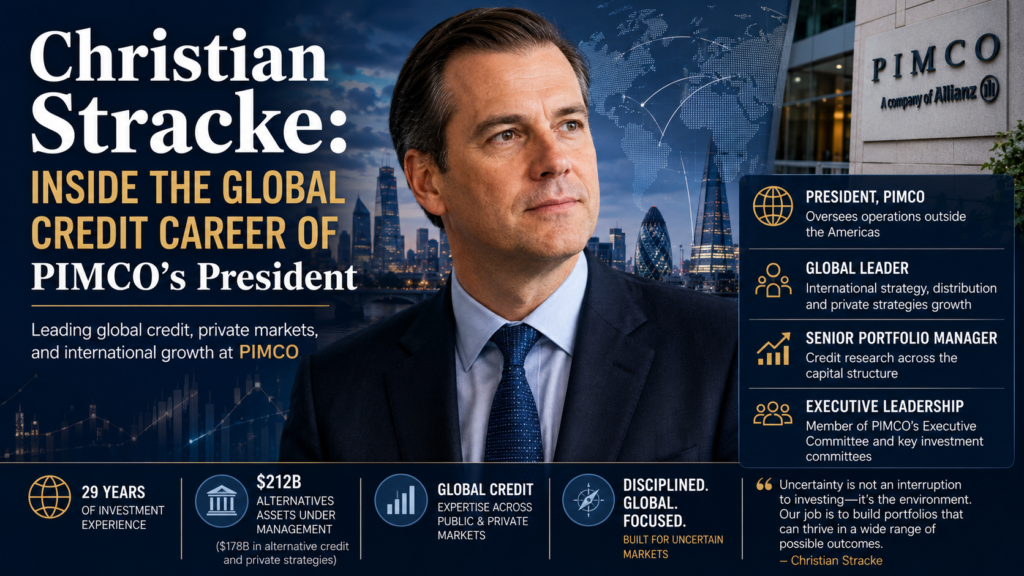 Editorial finance portrait of Christian Stracke in a global investment setting with bond-market charts, institutional credit symbols, London skyline elements, and subtle references to PIMCO, private credit, and international markets.