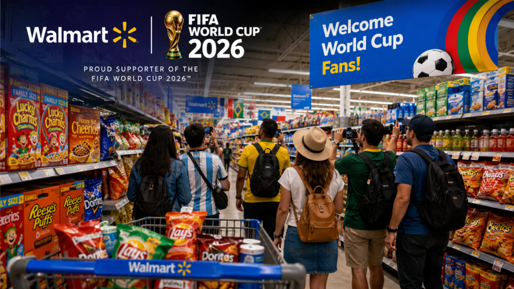 International soccer fans enjoying a guided Walmart World Cup tour with VIP shopping experience in a large U.S. Walmart store.