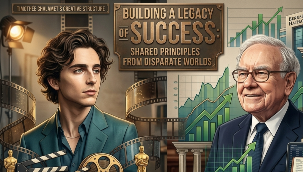 Split-style illustration of Timothée Chalamet and Warren Buffett representing Hollywood success and long-term investment wisdom.