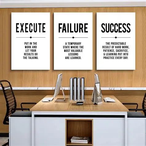 Inspirational small business quotes displayed in a modern office with an entrepreneur planning business goals at a desk.