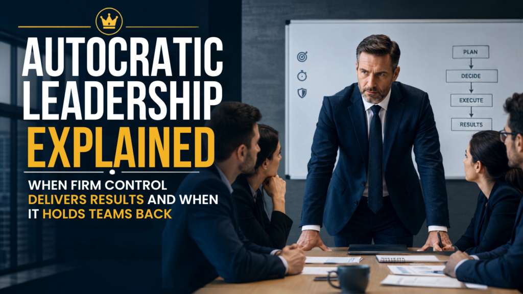 A decisive business leader standing at the head of a modern workplace, directing a team during a high-pressure situation, visually representing the benefits and risks of autocratic leadership.