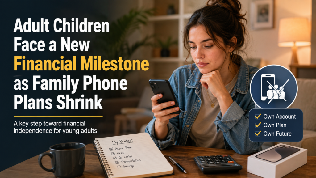 A young adult reviewing a mobile phone bill at a kitchen table while an older parent sits nearby, symbolizing the transition from a shared family phone plan to independent financial responsibility.