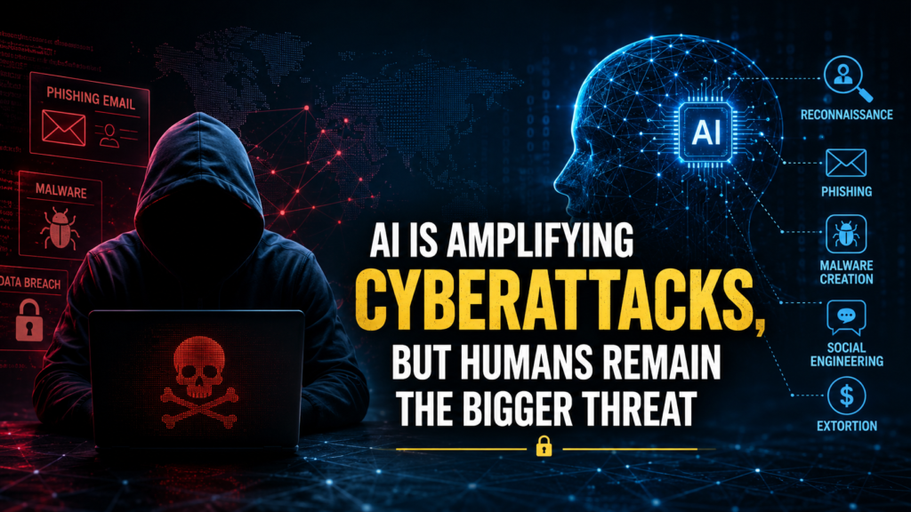 A cybersecurity command center showing a human-controlled AI system amplifying digital attacks across networks, illustrating how AI increases the speed and scale of cybercrime while human intent remains the primary threat.