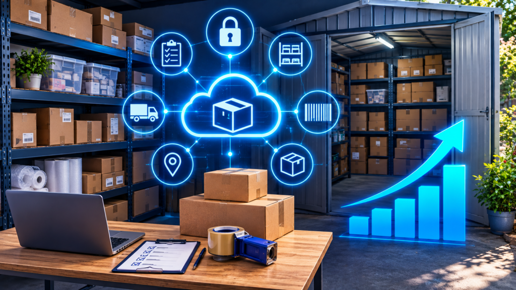A well-organised home-business storage setup with shelving, labelled inventory bins, packing supplies, and a dedicated stock area, showing scalable inventory storage for a growing product-based business.