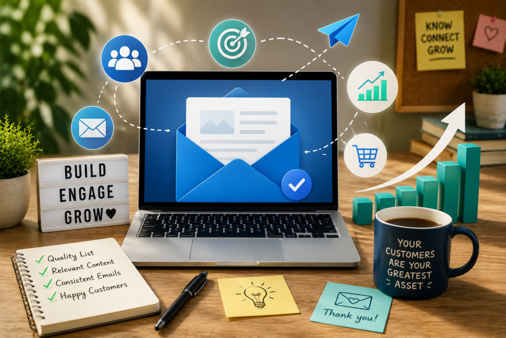 A modern small-business email marketing workspace showing an email campaign dashboard, subscriber growth, automation, engagement metrics, and customer communication flowing through a clean digital interface.