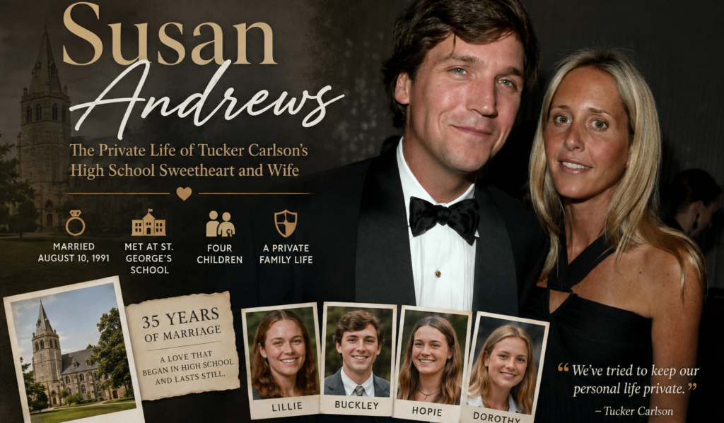 Featured image for a verified Susan Andrews biography covering her marriage to Tucker Carlson, their four children, family background, and private life.