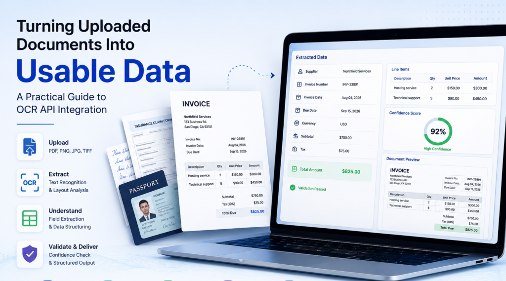 Turning Uploaded Documents Into Usable Data: A Practical Guide to OCR API Integration Image description: Featured image illustrating an OCR API workflow that converts uploaded PDFs and scanned documents into structured, validated business data.