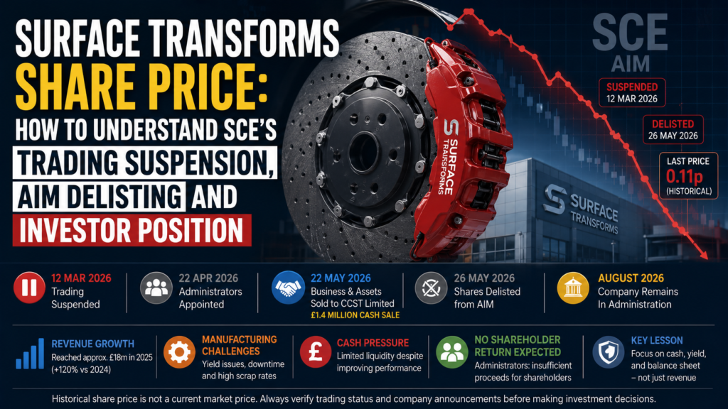 A financial editorial image showing a halted SCE share-price chart, AIM market suspension cues, administration documents and an automotive carbon-ceramic brake disc, illustrating Surface Transforms’ delisting and investor position.