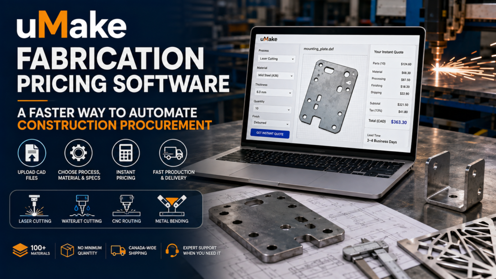 A professional construction procurement scene showing digital fabrication pricing software on a laptop alongside CAD drawings, metal brackets, cut panels, and fabrication components, representing automated quoting and faster project purchasing.