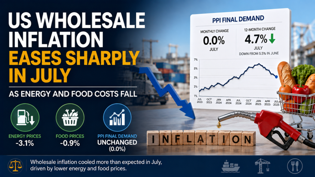 Editorial financial-news image illustrating easing US wholesale inflation, with declining energy and food prices, economic charts, and producer-cost indicators.